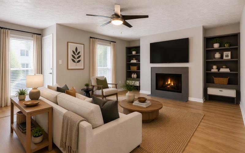 a living room with a fireplace, couch and coffee table