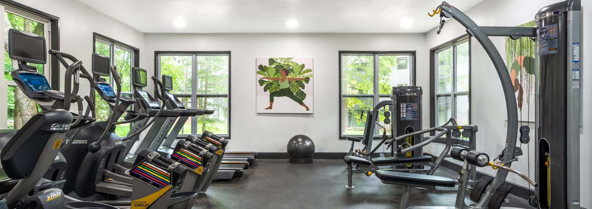 a gym room with treadmills, exercise machines and ceiling fans at The  Bowie