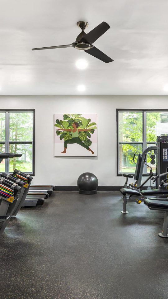 a gym room with treadmills, exercise machines and ceiling fans at The  Bowie